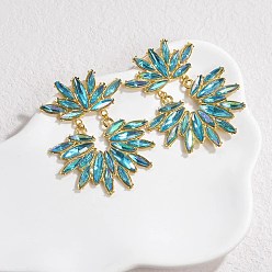 Темно-бирюзовый 304 серьги-гвоздики из нержавеющей стали со стеклянными вставками для женщин, реальный 18 k позолоченный, цветок, темные бирюзовый, 57x46 мм