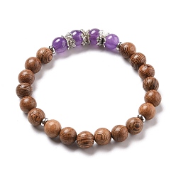 Amethyst Stretch Bracelets, with Round Natural Amethyst Beads, Natural Wood Beads, Alloy Bead Caps and 304 Stainless Steel Spacer Beads, Inner Diameter: 2-1/8 inch(5.5cm)
