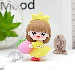 Желтый Пвх пластиковый брелок, с железным кольцом, мультяшная девочка с персиком, желтые, кулон: 5.4x3.8 см