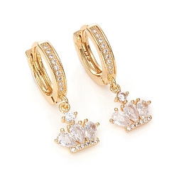 Golden Brass Micro Pave Clear Cubic Zirconia Huggie Hoop Earrings, Long-Lasting Plated, Crown, Golden, 30mm, Pin: 1.2mm