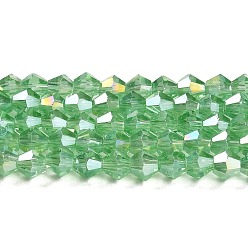 Light Green Transparent Electroplate Glass Beads Strands, AB Color Plated, Faceted, Bicone, Light Green, 4x4mm, Hole: 0.8mm, about 82~85pcs/strand, 12.01~12.2 inch(30.5~31cm)