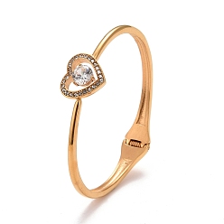 Golden Crystal Rhinestone Heart Cuff Bangle, Hinged Open Bangle for Women, Ion Plating(IP), Golden, Inner Diameter: 2-1/4 inch(5.6cm)