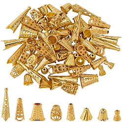Golden 80Pcs 8 Styles Alloy Bead Cone & Bead Caps, Golden, 10~34x7.5~16.5x7~12mm, Hole: 1.6~12mm, 10pcs/style