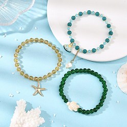 Mixed Color 3Pcs 3 Styles Ocean Glass Beaded Stretch Bracelet Sets, Alloy Rhinestone Enamel Shell Shape & 304 Stainless Steel Starfish Charm Bracelets, Golden, Mixed Color, Inner Diameter: 1.97~2.17 inch(5~5.5cm), 1pc/style