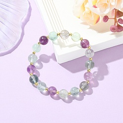 Флюорит Эластичные браслеты из натурального флюорита класса AB и круглых бусин из латуни для женщин., реальный 18 k позолоченный, внутренний диаметр: 2.17 дюйм (5.5 см)