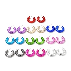 Mixed Color Bamboo Ring Acrylic Stud Earrings, Half Hoop Earrings with 316 Surgical Stainless Steel Pins, Mixed Color, 29x6.5mm