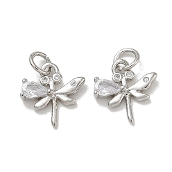 Platino Micropavé de latón con circonitas cúbicas transparentes y dijes de vidrio, encantos libélula, chapado en rack, larga duración plateado, sin plomo y cadmio, Platino, 12.5x12.5x2.5 mm, agujero: 3 mm