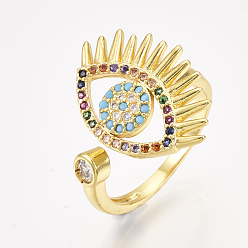 Разноцветный Латунные микро проложить манжеты кольца кубического циркония, без кадмия и без свинца, открытые кольца, глаз, красочный, Размер 7, 17 мм
