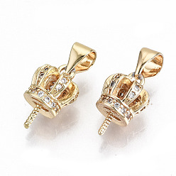 Real 18K Gold Plated Brass Micro Pave Clear Cubic Zirconia Peg Bails Pendants, with Brass Pinch Bail, for Half Drilled Bead, Nickel Free, Crown, Real 18K Gold Plated, 13x7.5x7.5mm, Hole: 3.5x4mm, Pin: 1mm