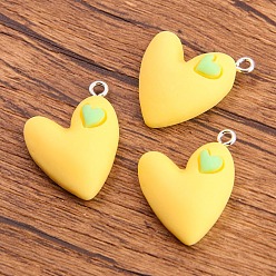 Желтый Подвески из смолы, с металлической петлей, шарма сердца, желтые, 25x18 мм