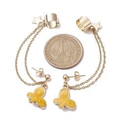 Gold Light Gold 304 Stainless Steel Cuff Earring Chains, Star & Butterfly Alloy Enamel Dangle Stud Earrings Crawler Earrings, Gold, 77mm