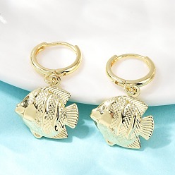 Fish Латунные серьги обруча, реальный 18 k позолоченный, рыба, 29x17.5 мм
