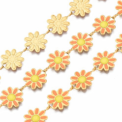 Оранжевый 304 звенья цепи из нержавеющей стали и эмали, с катушкой, несварные, реальный 16 k позолоченный, без никеля , цветок, оранжевые, 13.5x10x1 мм, около 16.4 футов (5 м) / рулон