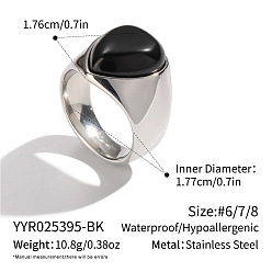 Black 304 Stainless Steel Natural Agate Finger Rings for Women, Teardrop, Stainless Steel Color, Black, 17.6mm, US Size 7 1/2(17.7mm)
