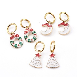 Mixed Color Christmas Theme 304 Stainless Steel Huggie Hoop Earrings, with Alloy Enamel Pendants, Mixed Shapes, Golden, Mixed Color, 30~32mm, Pin: 1mm, 3 pairs/set