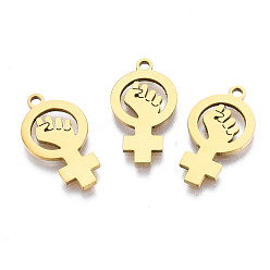 Golden Ion Plating(IP) 201 Stainless Steel Pendants, Laser Cut, Feminism Sign, Golden, 18x10x1mm, Hole: 1.4mm