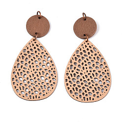 Персиковый Слойка Подвески из кожи в форме капли, с деревянным и железным кольцом, Красная медь, розовые, 75~77x37.5x2 мм, отверстие : 5 мм