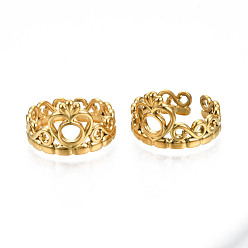 Real 18K Gold Plated Ion Plating(IP) 304 Stainless Steel Heart Crown Open Cuff Ring for Women, Real 18K Gold Plated, US Size 6 3/4(17.1mm)
