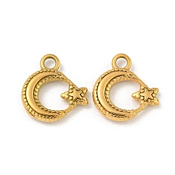 Настоящее золото 18K Ионное покрытие (ip) 304 брелоки из нержавеющей стали, луна со звездным шармом, реальный 18 k позолоченный, 13.5x12.5x2.5 мм, отверстие : 2 мм