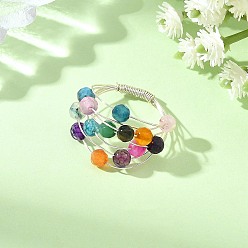 Silver Round Copper Wire with Natural Agate Beads Finger Rings, Faceted, Platinum, Silver, 14mm, Inner Diameter: 19mm