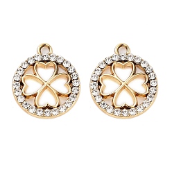 Light Gold Подвески со стразами из сплава с УФ-покрытием, плоские круглые подвески в виде клевера, золотой свет, 20.5x18x2.5 мм, отверстие : 2 мм