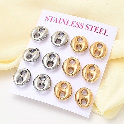 Золотой & Цвет Нержавеющей Стали 6 пары 304 серьги-гвоздики из нержавеющей стали, вакуумное покрытие pvd, овальные, золотые и нержавеющая сталь цвет, 15x13 мм