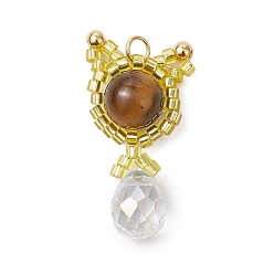 Тигровый глаз Подвески в форме кошки из натурального тигрового глаза и стеклянных бусин ручной работы, с целью перехода в кольце, 28.5x15x8 мм, отверстие : 3 мм