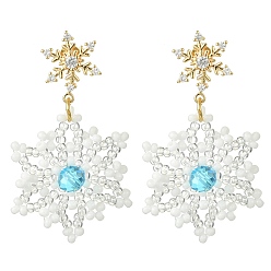 Голубой Рождественские снежинки стеклянные семена плетеные серьги-подвески, латунь кубического циркония серьги стержня, золотые, голубой, 43x25 мм