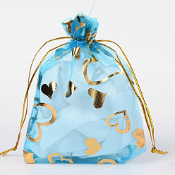 Light Sky Blue Heart Printed Organza Bags, Gift Bags, Rectangle, Light Sky Blue, 12x10cm