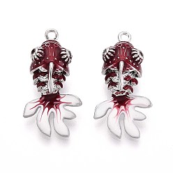 Темно-Красный Латунь эмаль подвески, талисман золотой рыбки, Реальная платина, темно-красный, 27.5x14.5x10 мм, отверстие : 1.6 мм