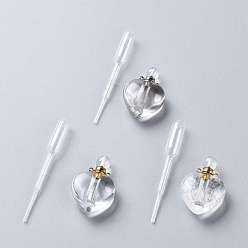 Хрусталь Подвески флакона духов естественного кристалла кварца открываемые, с 304 выводами из нержавеющей стали и пластиковыми пипетками для переноса, сердце, 37.5~38x25~25.5x11~12 мм, отверстие : 1.6 мм, 1 шт / комплект, емкость: 2.5 мл (0.08 жидких унций)