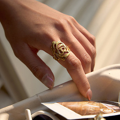 Chapado en Oro Real 18K 304 Anillos abiertos de acero inoxidable para mujer., flor color de rosa, real 18 k chapado en oro, 18 mm