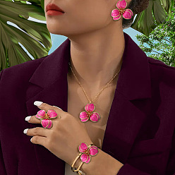 Темно-Розовый Ожерелья с подвесками из цветочного сплава и эмали, комплекты из браслетов, колец и серег-гвоздиков, золотые, темно-розовыми, 425 мм