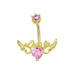 Pink 304 изогнутые кольца для живота с подвеской из нержавеющей стали и кубическим цирконием, сердце с крыльями ангела, золотые, розовые, длина стержня: 3/8"(10мм), штифты : 1.2 мм