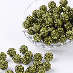 Olivine Pave Disco Ball Beads, Polymer Clay Rhinestone Beads, Grade A, Round, Olivine, PP14(2~2.1mm), 10mm, Hole: 1.0~1.2mm