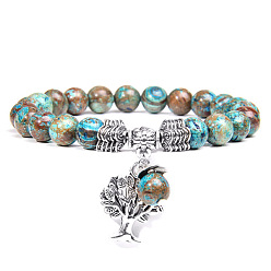 Jaspe Imperial Pulsera elástica con cuentas de jaspe imperial natural y dijes de aleación del árbol de la vida, 6-3/4~8-5/8 pulgada (17~22 cm)