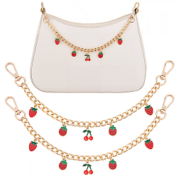 Oro 2Colgante de aleación de esmalte rojo con forma de fresa y cereza, cadena trenzada de hierro, para bolso, cadenas decorativas., con cierres giratorios, dorado, 307 mm