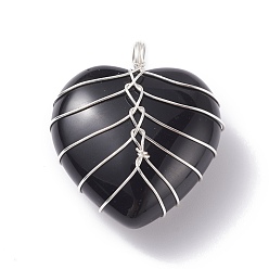 Обсидиан Природные подвески обсидиана, с медной проволокой, сердце, 34x30x18 мм, отверстие : 6 мм
