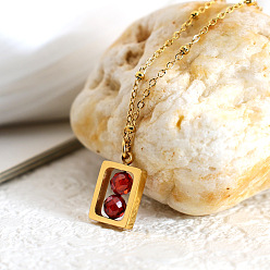 Rouge Foncé 304 Colliers avec pendentif rectangulaire en acier inoxydable orné d'une boule ronde en zircon cubique à facettes, or, rouge foncé, 15.75 pouce (40 cm)