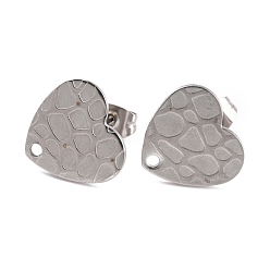 Stainless Steel Color Non-Tarnish 304 Stainless Steel Stud Earring Findings, with Ear Nuts/Earring Backs and Hole, Heart Shape with Textured, Stainless Steel Color, 12x13x1mm, Pin: 0.8mm