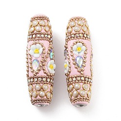 Белый Индонезийские бусины ручной работы, с железом, смола и стекло, длинный овал с цветком, белые, 60x20 мм, отверстие : 4.8 мм