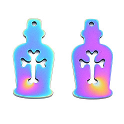 Rainbow Color Ионное покрытие (ip) 201 подвески из нержавеющей стали, Хэллоуин стиль, бутылка с крестом, Радуга цветов, 25x12x1 мм, отверстие : 1.4 мм