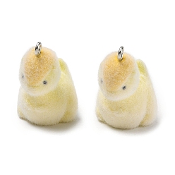 Цыпленок Флокированные подвески из непрозрачной смолы, с платиновыми тоновыми железными петлями, очарование животных, светло-желтый, цыпленок, 27x30.5x16.5 мм, отверстие : 2 мм