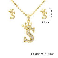 Letter S Наборы подвесок и сережек-гвоздиков из латуни с микропаве из прозрачных кубических цирконий., золотые, письмо с короной, Письмо с, 11.5x7.2 мм и 400 мм