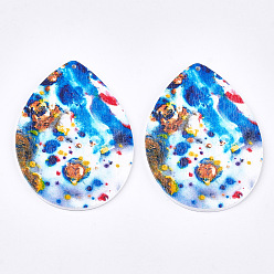 Colorful Printed Wooden Big Pendants, Dyed, teardrop, Colorful, 64.5x46x2.5mm, Hole: 1.2mm