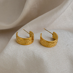Real 18K Gold Plated 304 Stainless Steel C-shaped Stud Earrings, Half Hoop Earrings, Leaf, Real 18K Gold Plated, 18.4x8.1mm