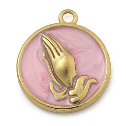Pink 304 нержавеющей стальной эмали подвески, плоский круглый оберег с молящимися руками, розовые, 18.5x16x2.5 мм, отверстие : 1.6 мм