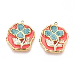 Лосось Ионное покрытие (ip) 304 подвески из нержавеющей стали со стразами, с эмалью, цветок, реальный 18 k позолоченный, salmon, 24x20.5x2.5 мм, отверстие : 1.5~1.6 мм