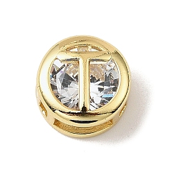 Letter T Латунные микро проложить кубического циркония многожильных ссылки, плоские круглые с буквы, реальный 18 k позолоченный, Письмо T, 10x6.5 мм, отверстие : 5x3 мм