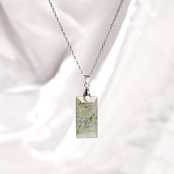 Лабрадорита Ожерелья с прямоугольной подвеской из натурального лабрадорита, ожерелья из нержавеющей стали для женщин, 15.75 дюйм (40 см)